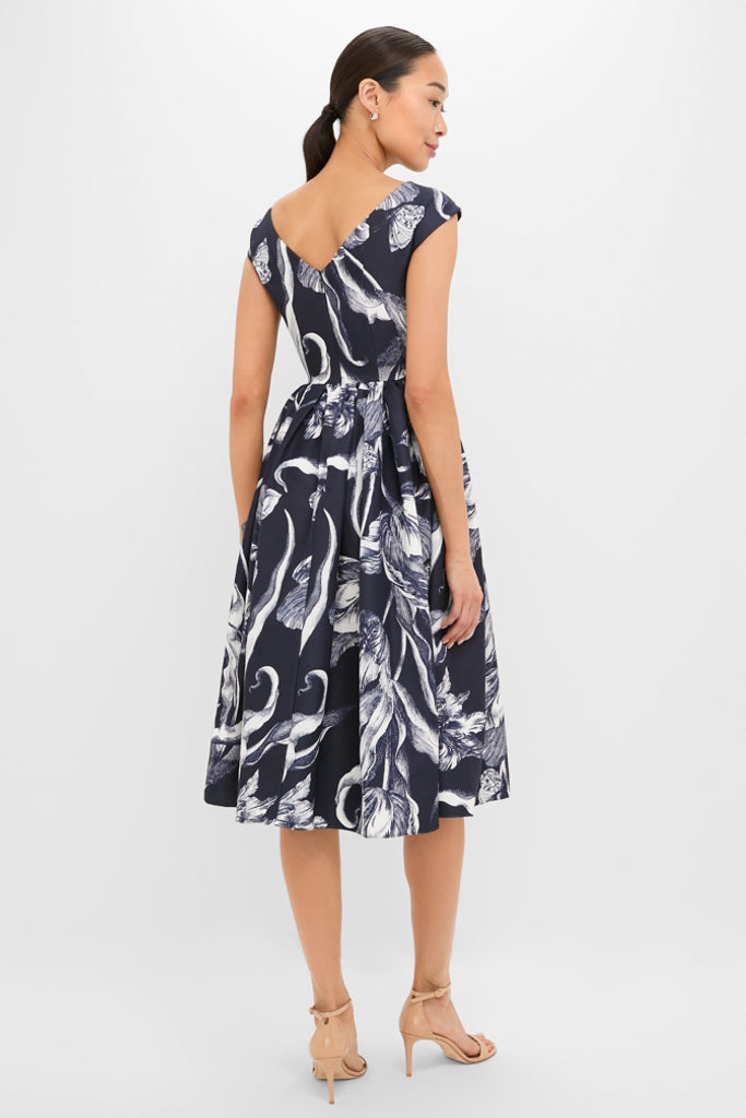 Botanical Engraving Midnight Boat Neck Midi Dress