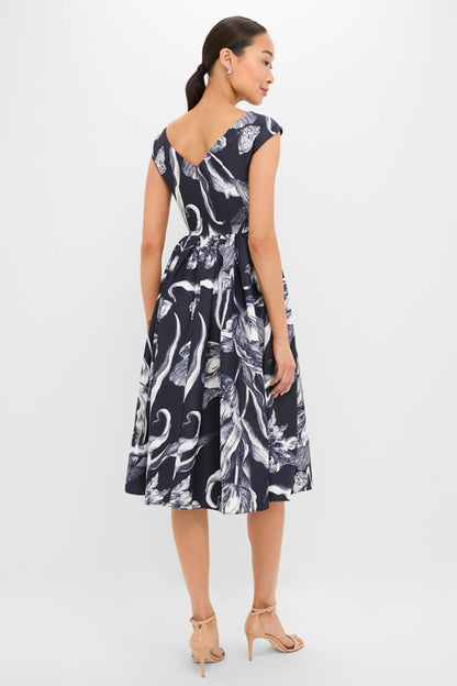 Botanical Engraving Midnight Boat Neck Midi Dress