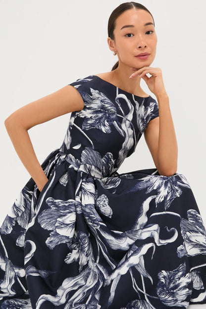 Botanical Engraving Midnight Boat Neck Midi Dress