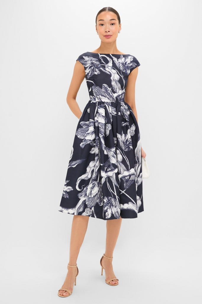 Botanical Engraving Midnight Boat Neck Midi Dress