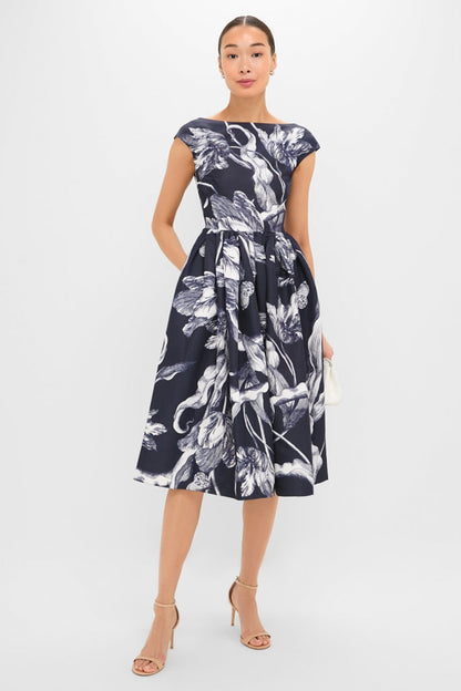 Botanical Engraving Midnight Boat Neck Midi Dress