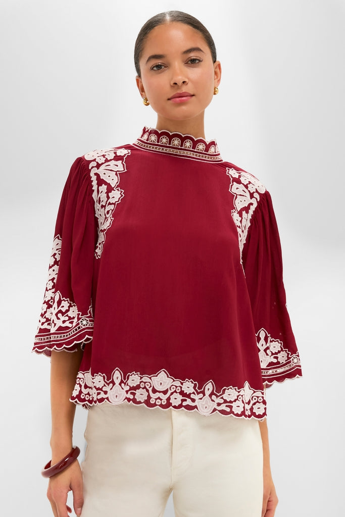 Burgundy Bicolor Palm Tree Embroidery Blouse