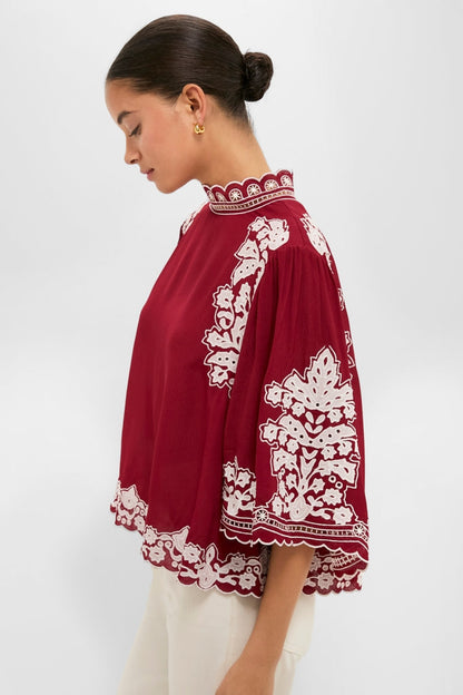 Burgundy Bicolor Palm Tree Embroidery Blouse
