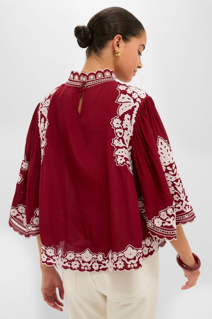 Burgundy Bicolor Palm Tree Embroidery Blouse