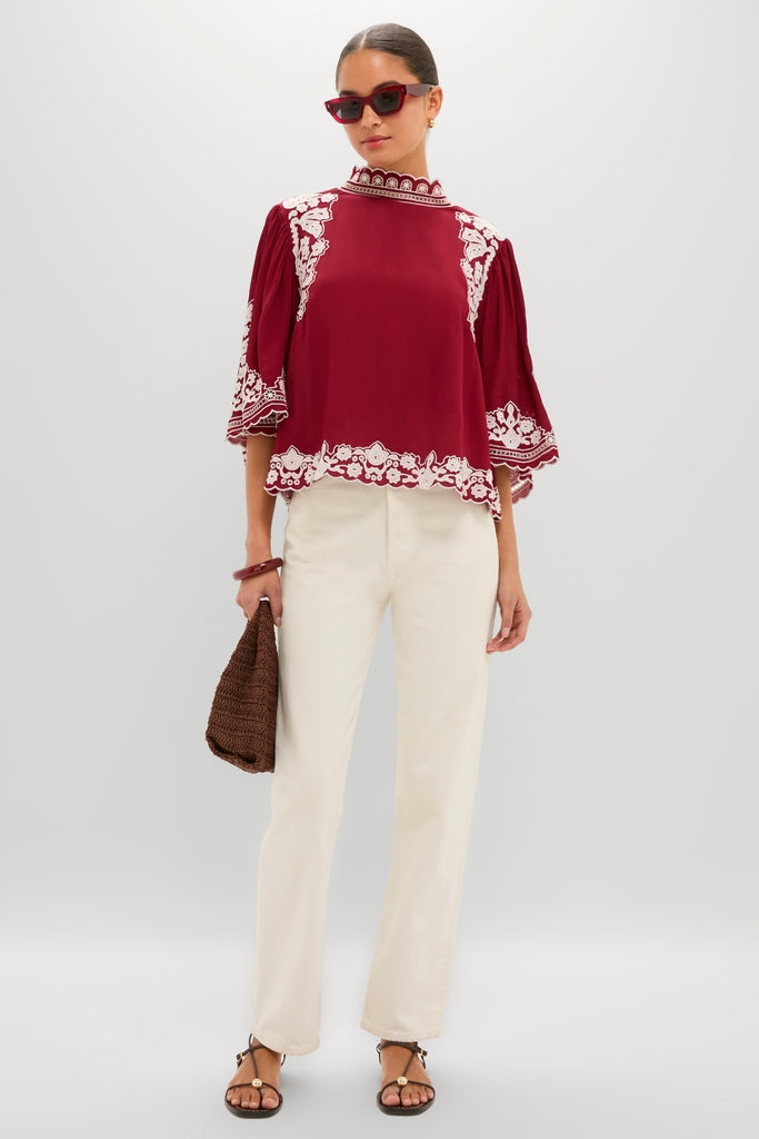 Burgundy Bicolor Palm Tree Embroidery Blouse