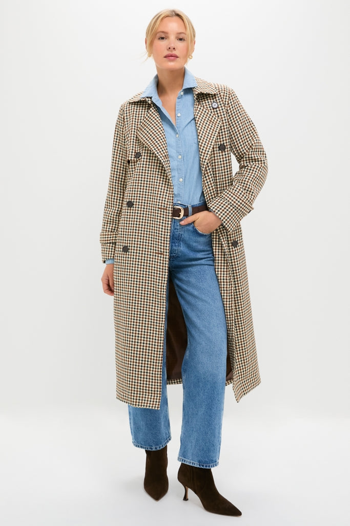 Brown Plaid Long Trench Coat