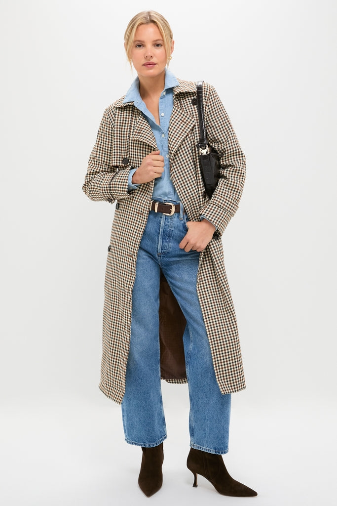 Brown Plaid Long Trench Coat