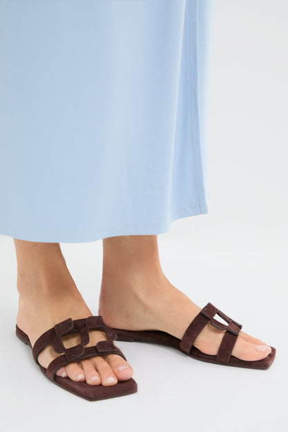 Cacao Simkhai Monogram Suede Flat Slides