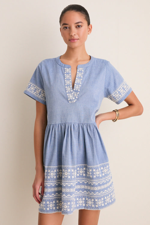 Chambray Embroidered Naples Mini Dress