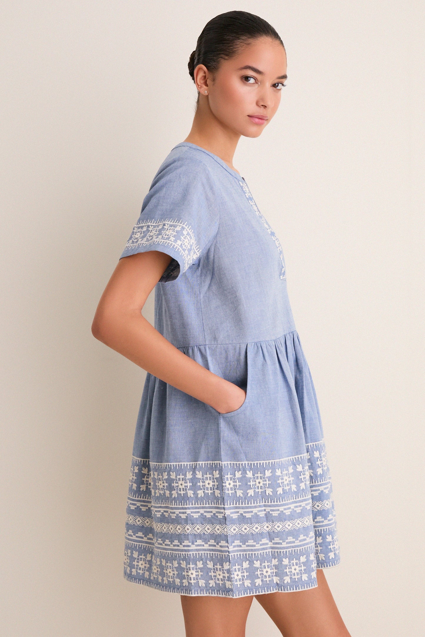 Chambray Embroidered Naples Mini Dress