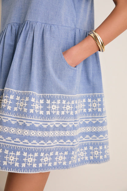 Chambray Embroidered Naples Mini Dress