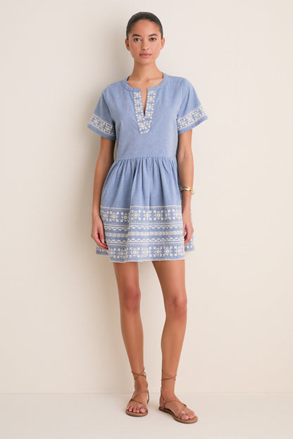 Chambray Embroidered Naples Mini Dress