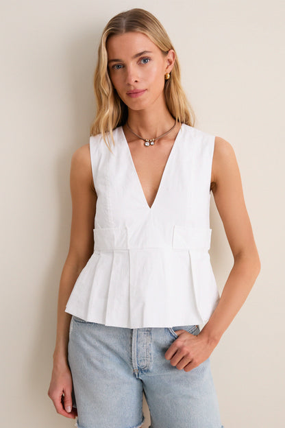 Bright White Stretch Cotton V-Neck Pocket Blouse