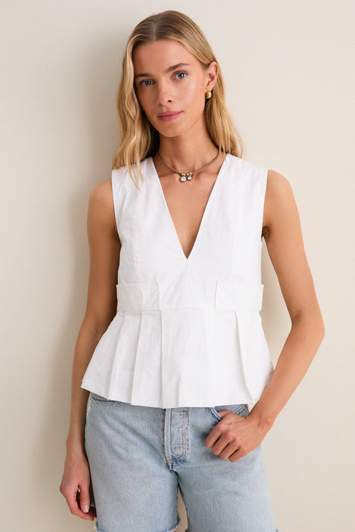 Bright White Stretch Cotton V-Neck Pocket Blouse