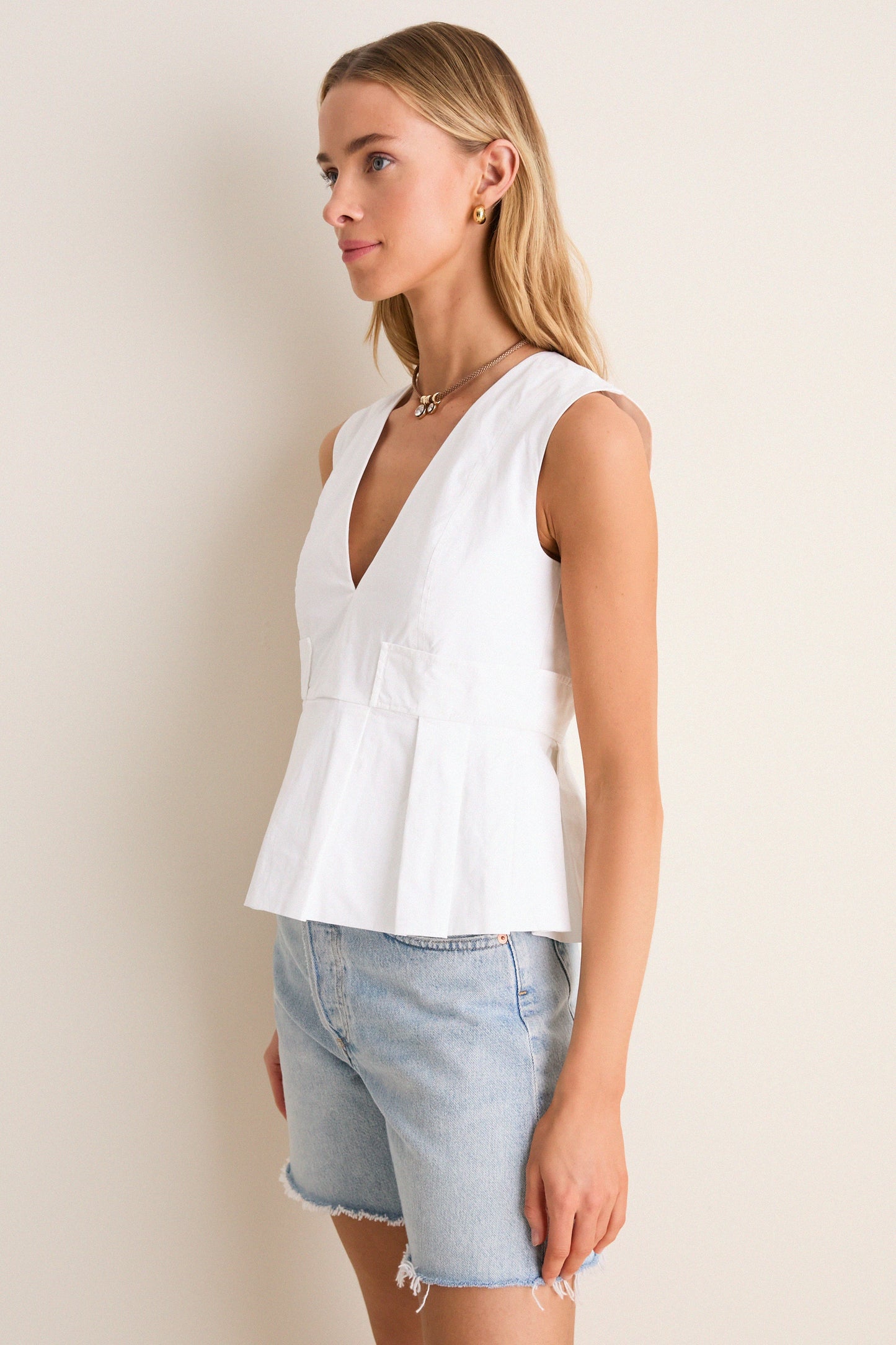 Bright White Stretch Cotton V-Neck Pocket Blouse