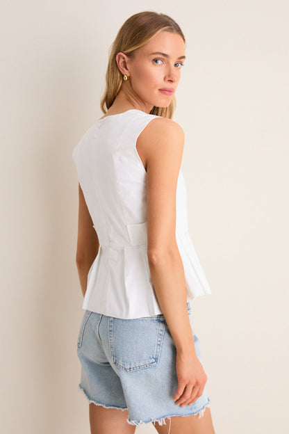 Bright White Stretch Cotton V-Neck Pocket Blouse