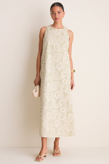 Celadon Scroll Embroidered Portia Dress
