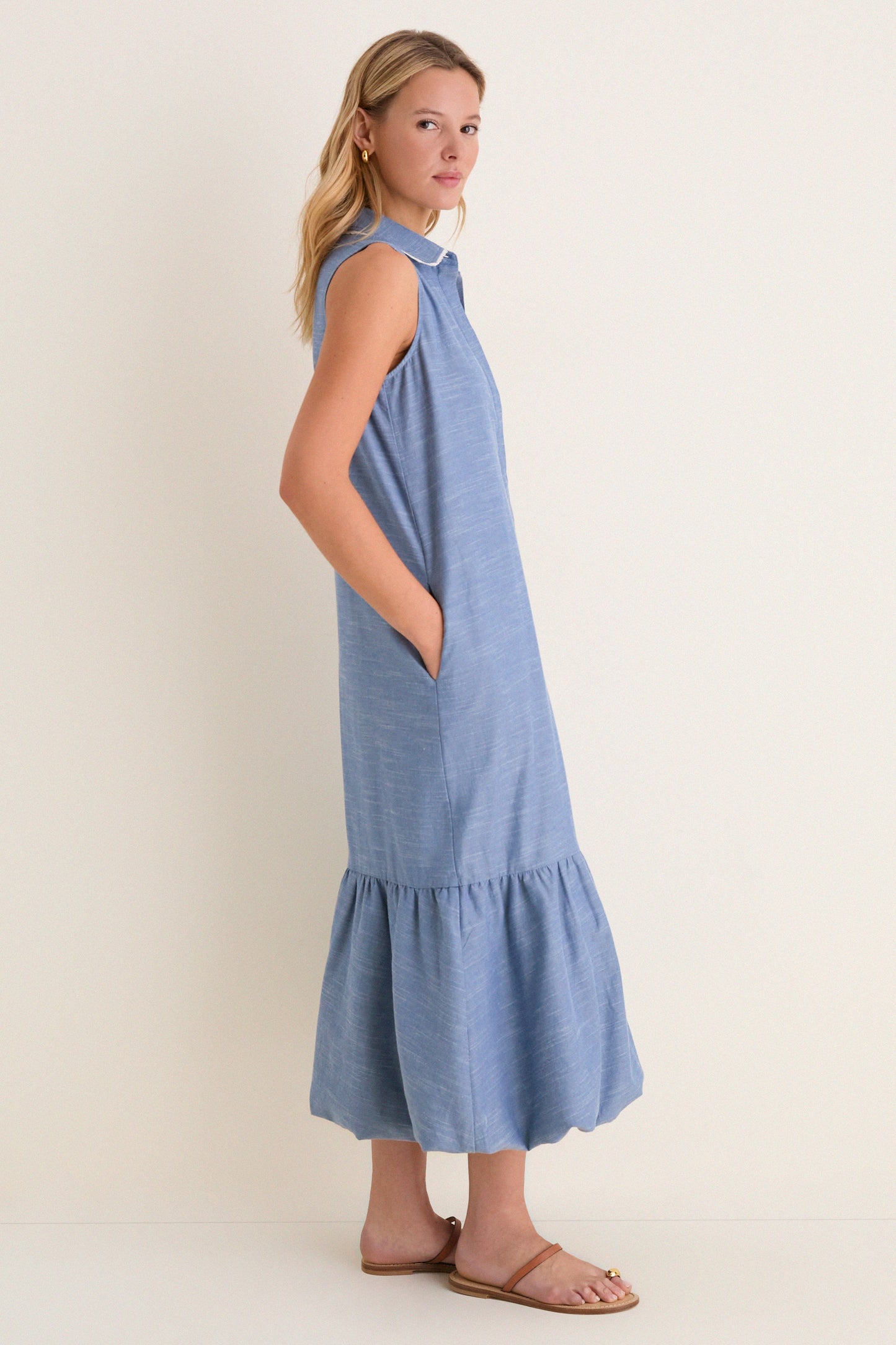Chambray Sleeveless Martine Bubble Maxi Dress