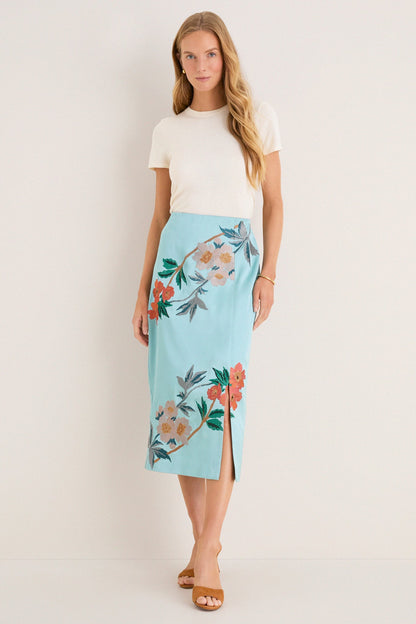 Cameo Blossom Embroidered Duchess Satin Germaine Midi Skirt
