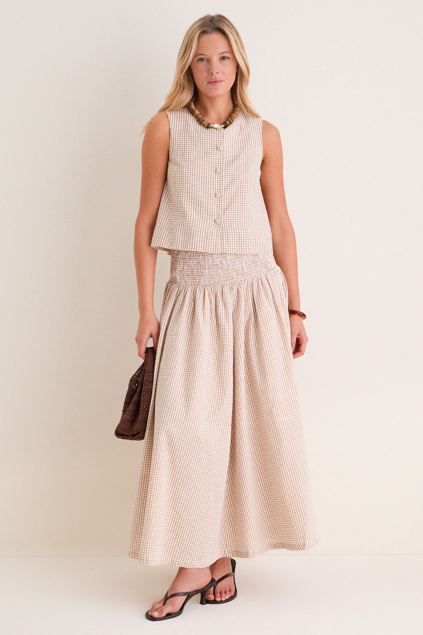 Cafe Check Smocked Maxi Skirt