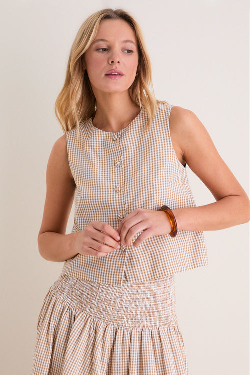 Cafe Check Button Front Wide Hem Top