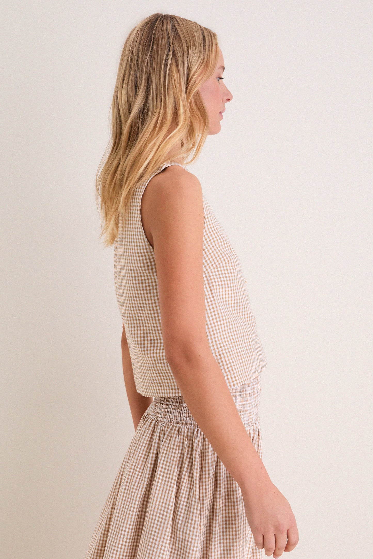 Cafe Check Button Front Wide Hem Top
