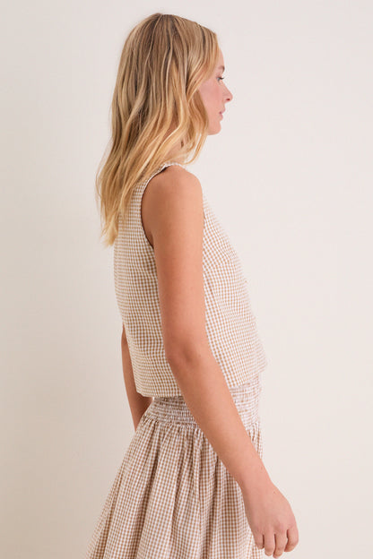 Cafe Check Button Front Wide Hem Top