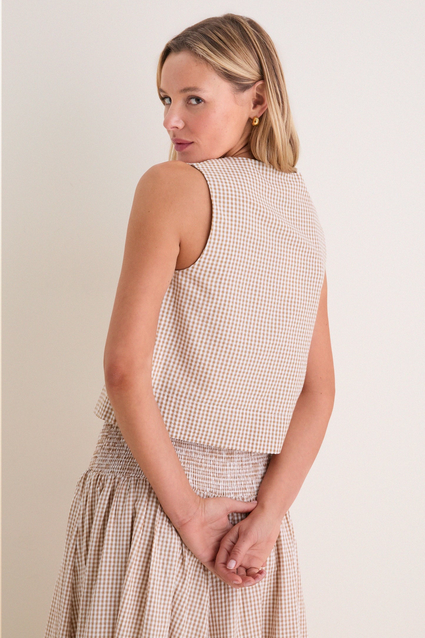 Cafe Check Button Front Wide Hem Top