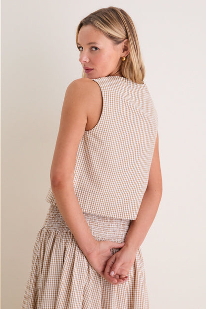 Cafe Check Button Front Wide Hem Top