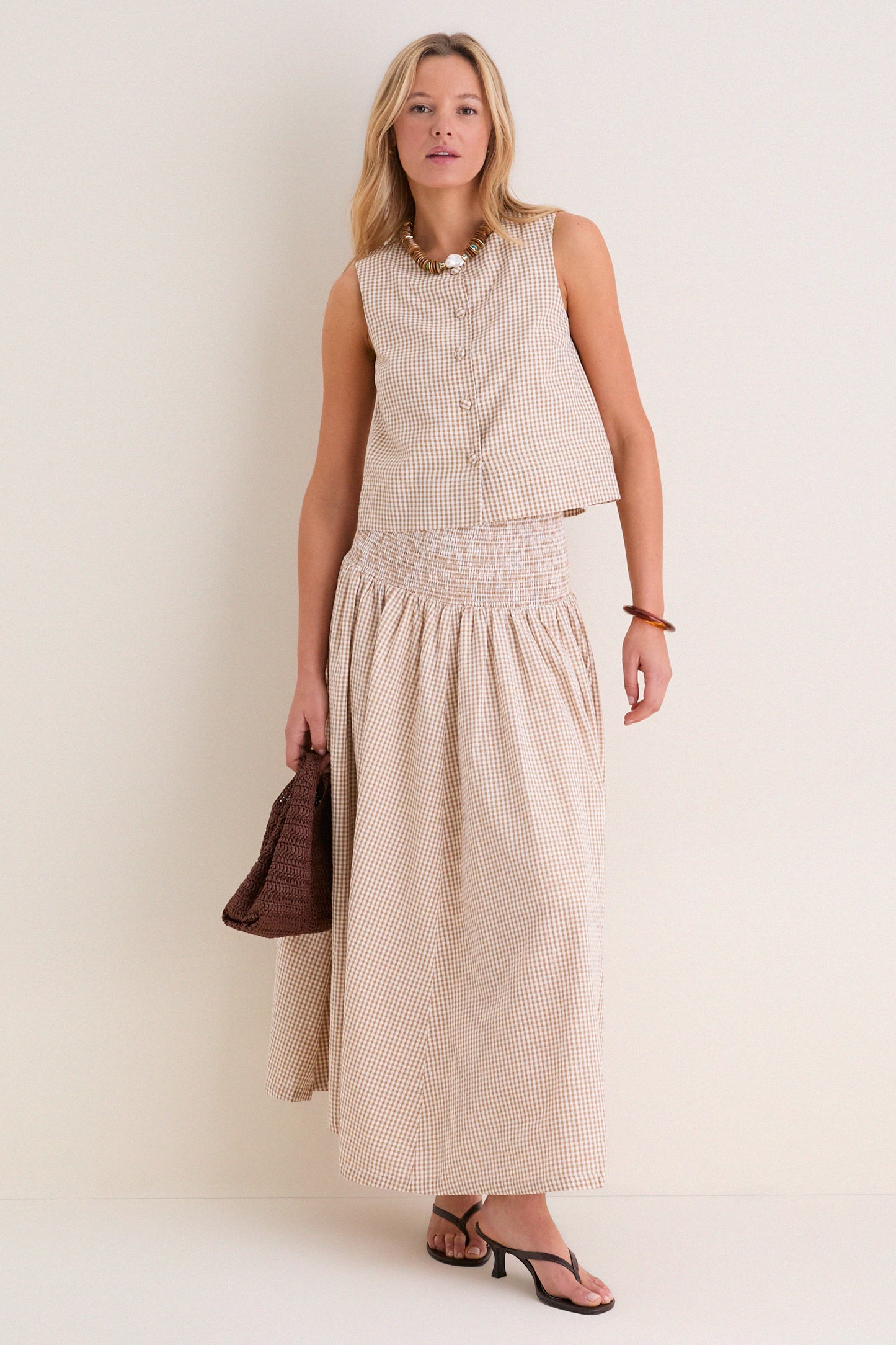 Cafe Check Button Front Wide Hem Top