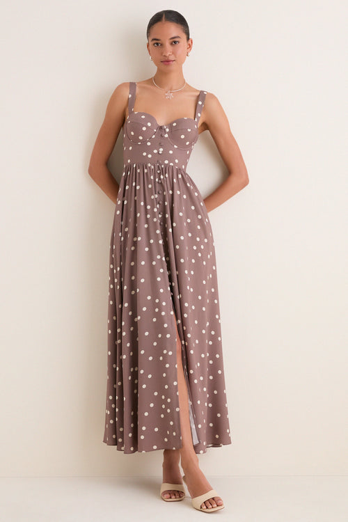 Cardamom and Ecru Polka Dot Rosette Maxi Dress
