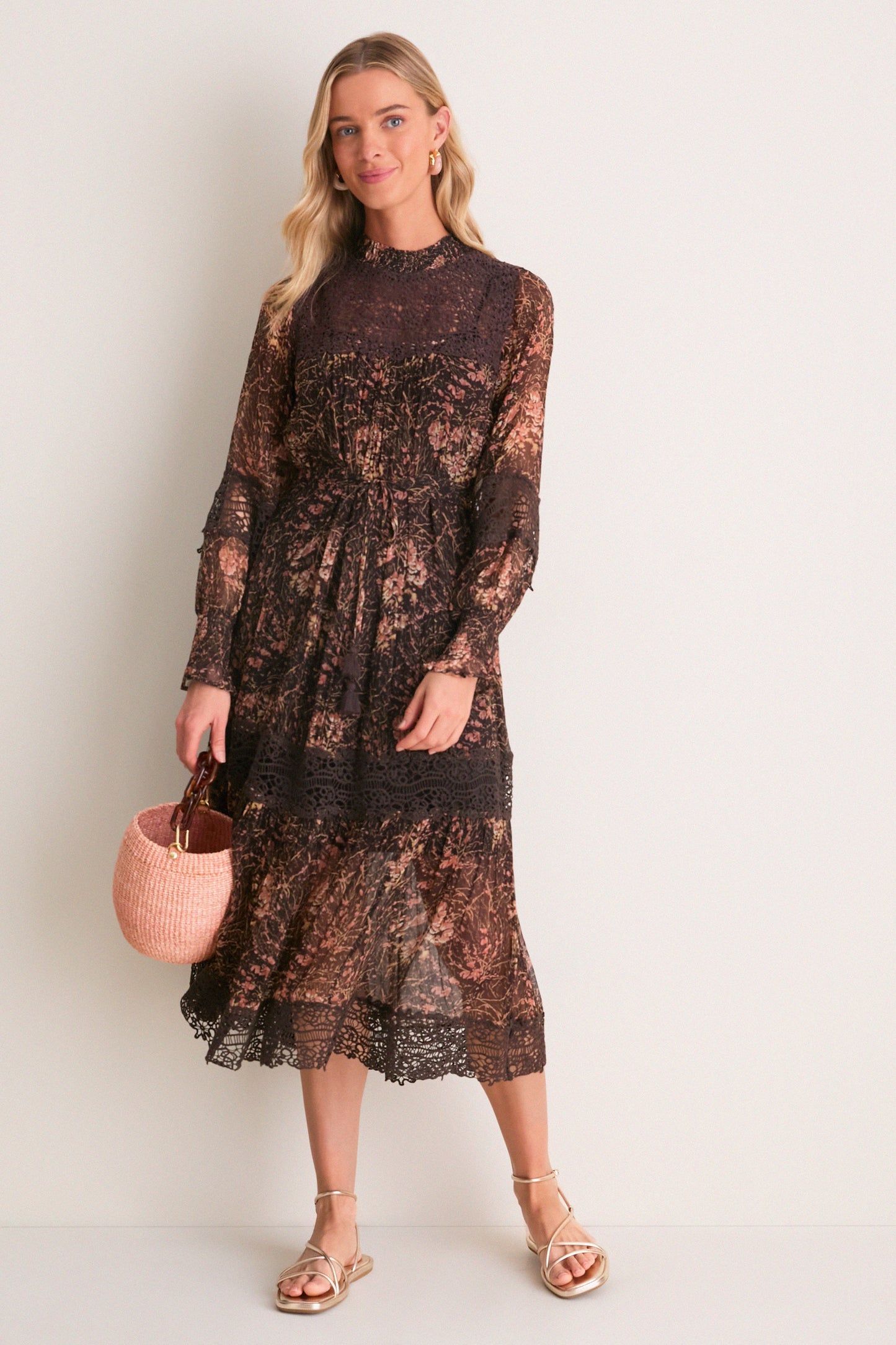 Brown Luisa Print Long Sleeve Dress