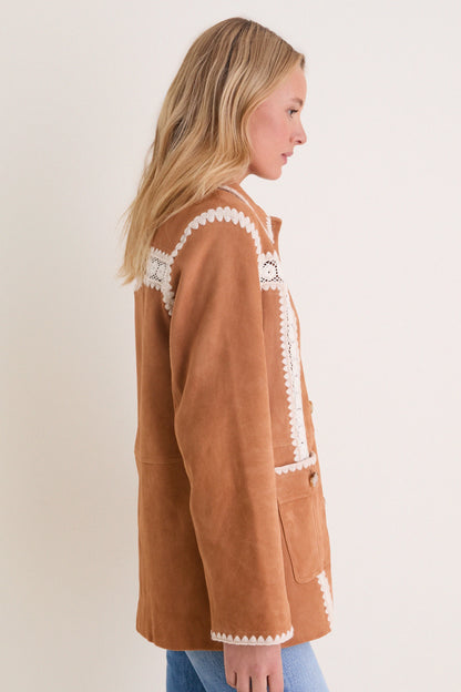 Camel Irena Suede Jacket with Crochet
