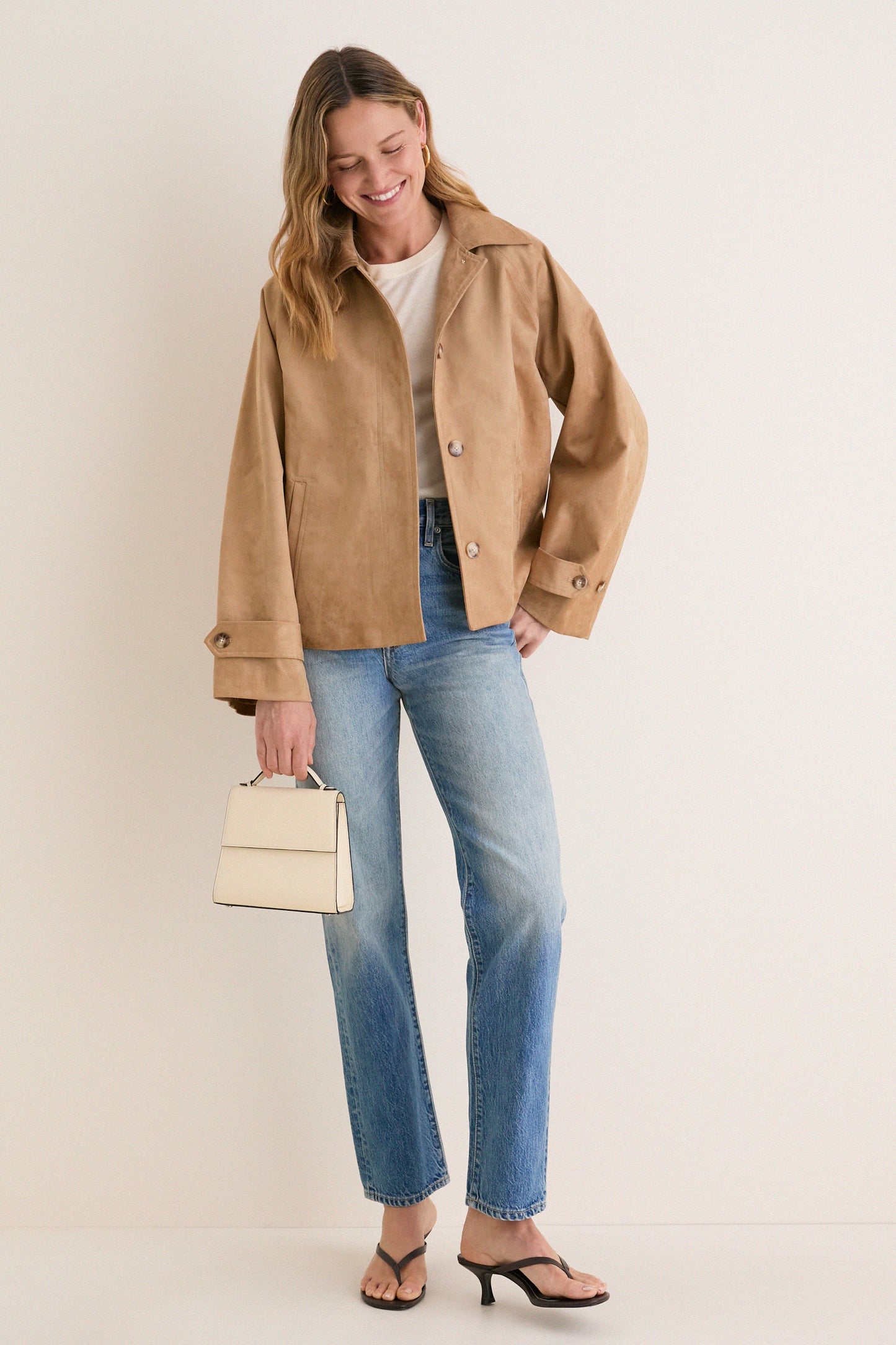 Camel Suede Drew Short Trench Coat