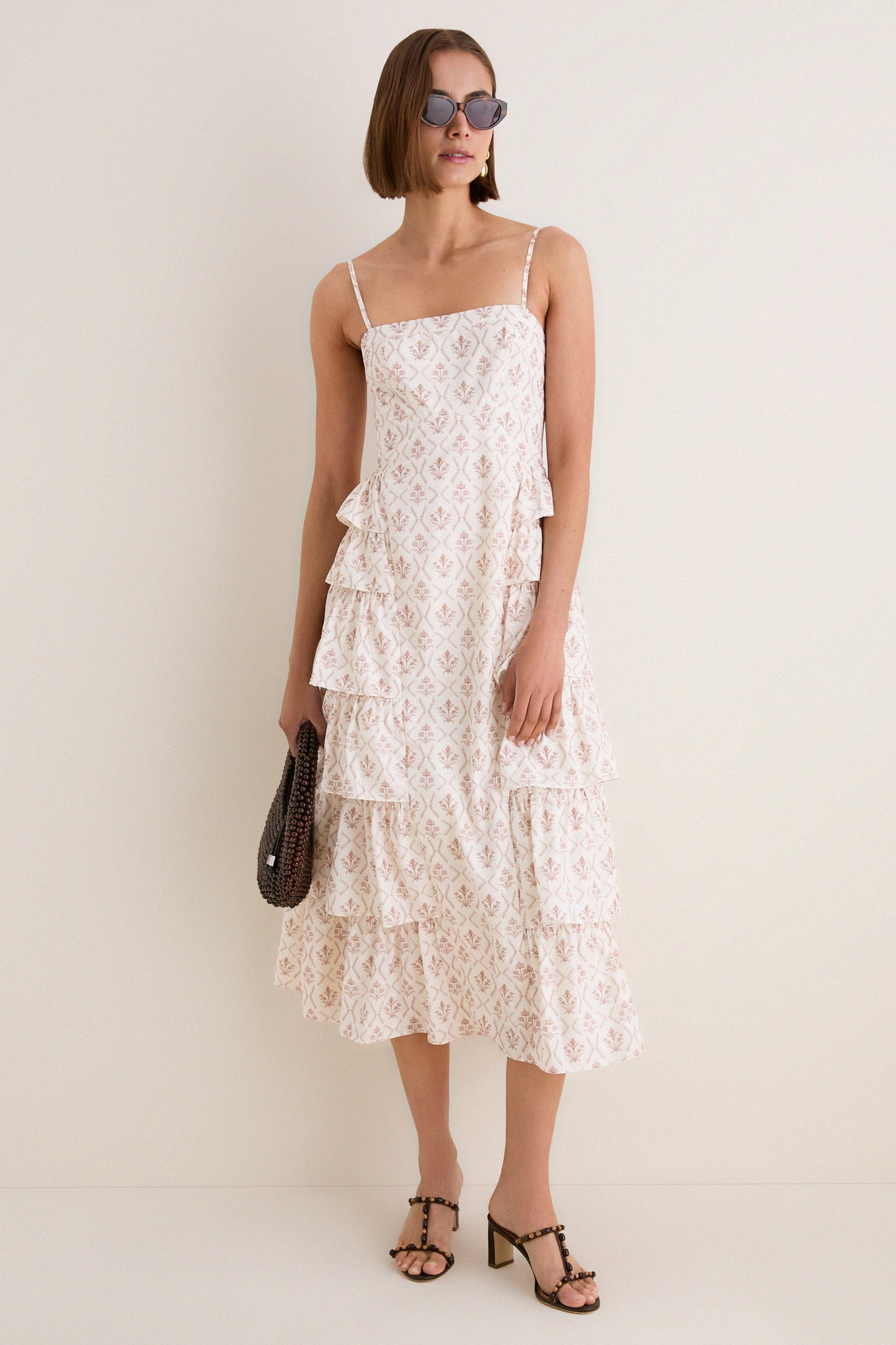 Brown & Cream Floral Ruffle Theodora Maxi Dress