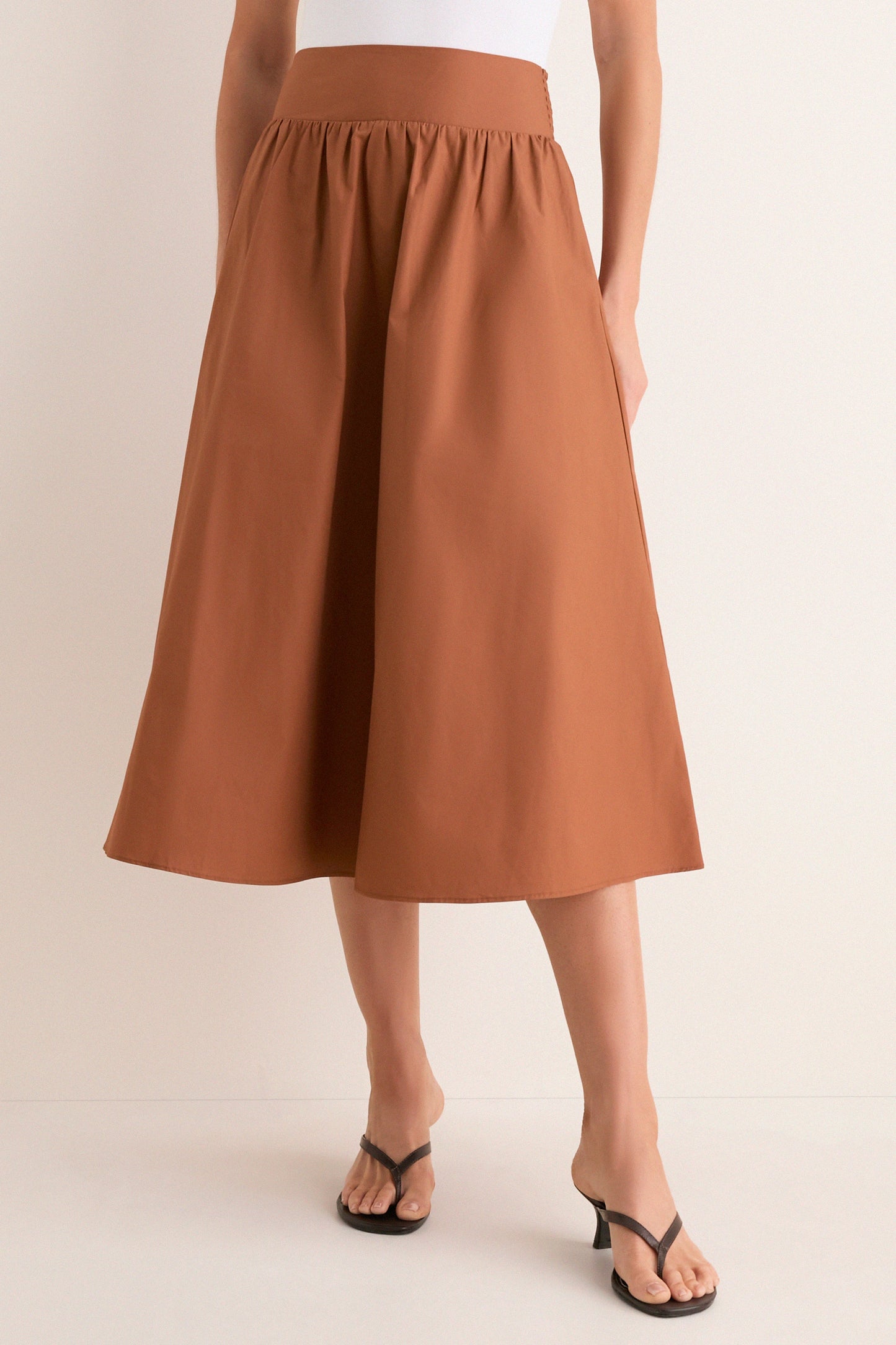 Camel Etienne Smocked Waist Gathered Midi Skirt