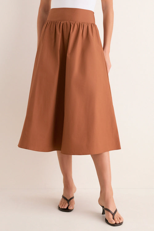 Camel Etienne Smocked Waist Gathered Midi Skirt