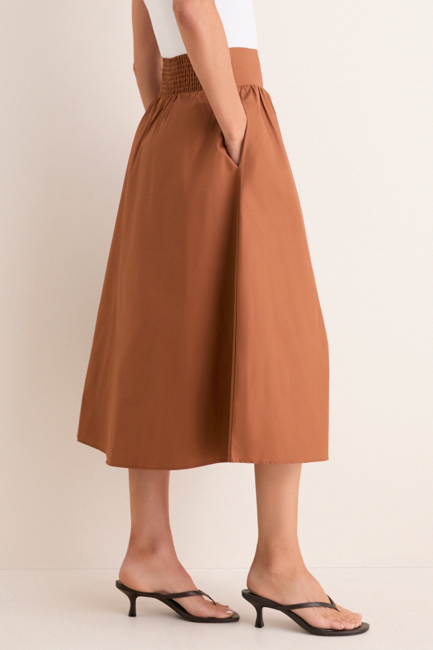 Camel Etienne Smocked Waist Gathered Midi Skirt