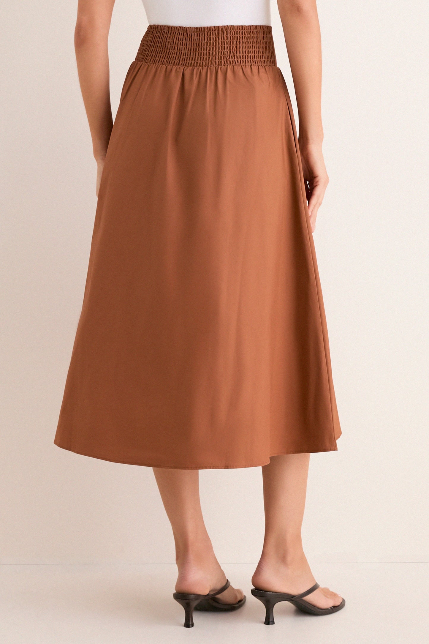 Camel Etienne Smocked Waist Gathered Midi Skirt