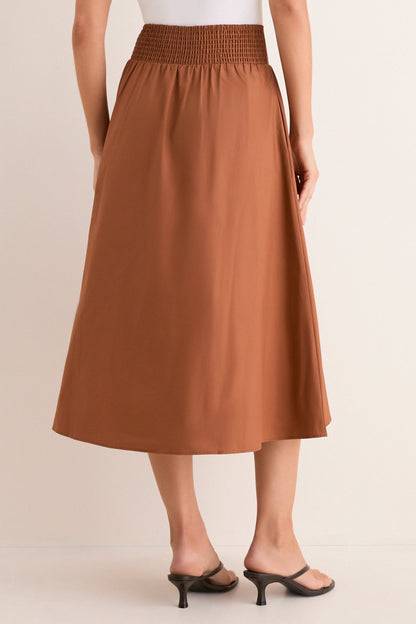 Camel Etienne Smocked Waist Gathered Midi Skirt