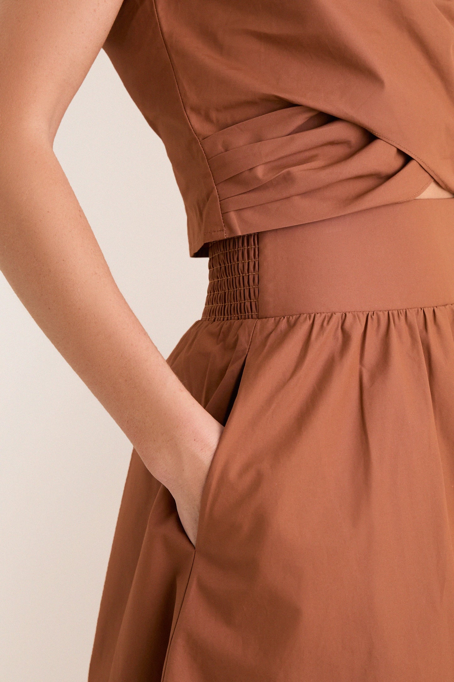 Camel Etienne Smocked Waist Gathered Midi Skirt