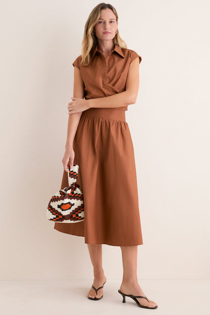 Camel Etienne Smocked Waist Gathered Midi Skirt