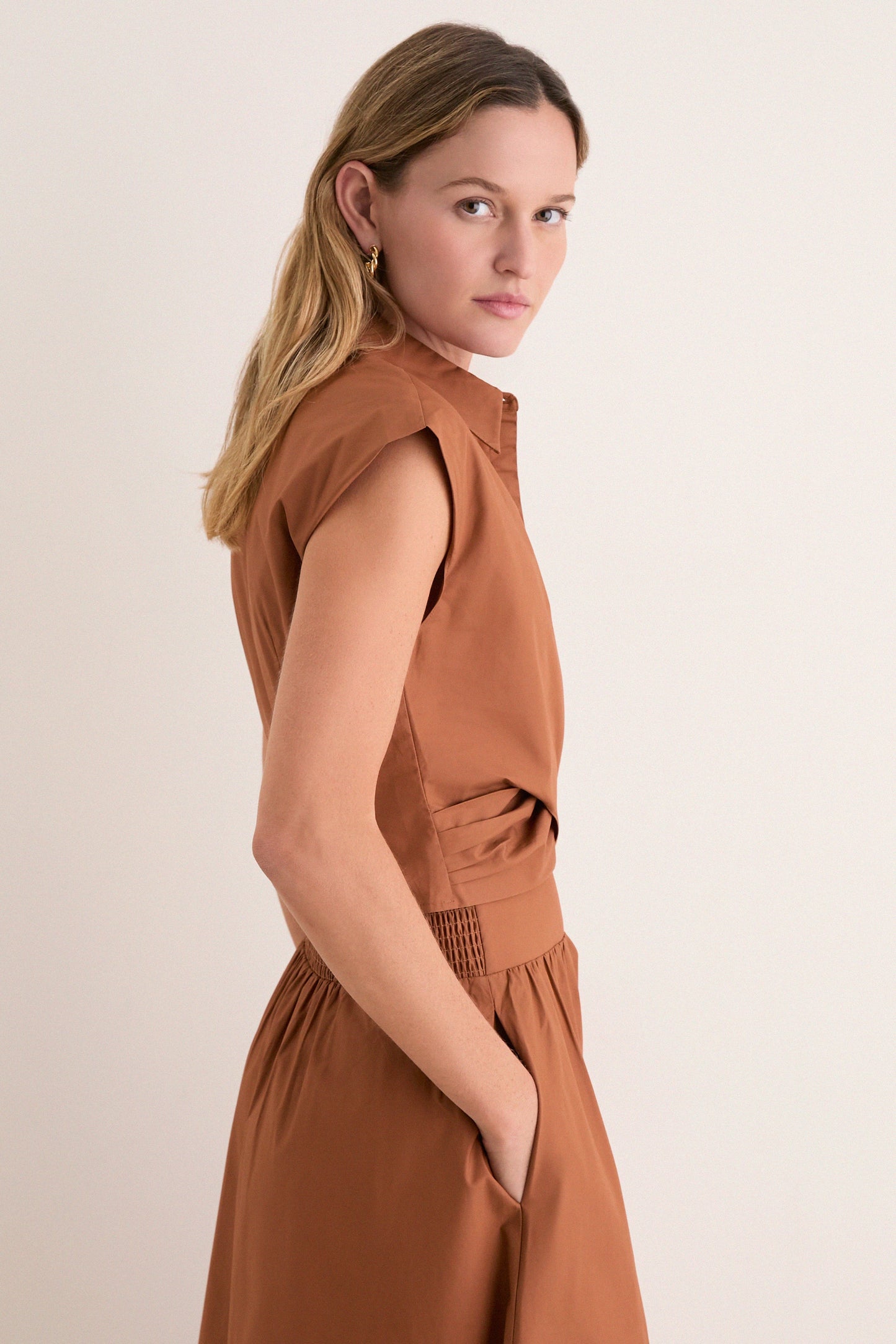 Camel Eloise Wrap Front Extended Shoulder Poplin Top