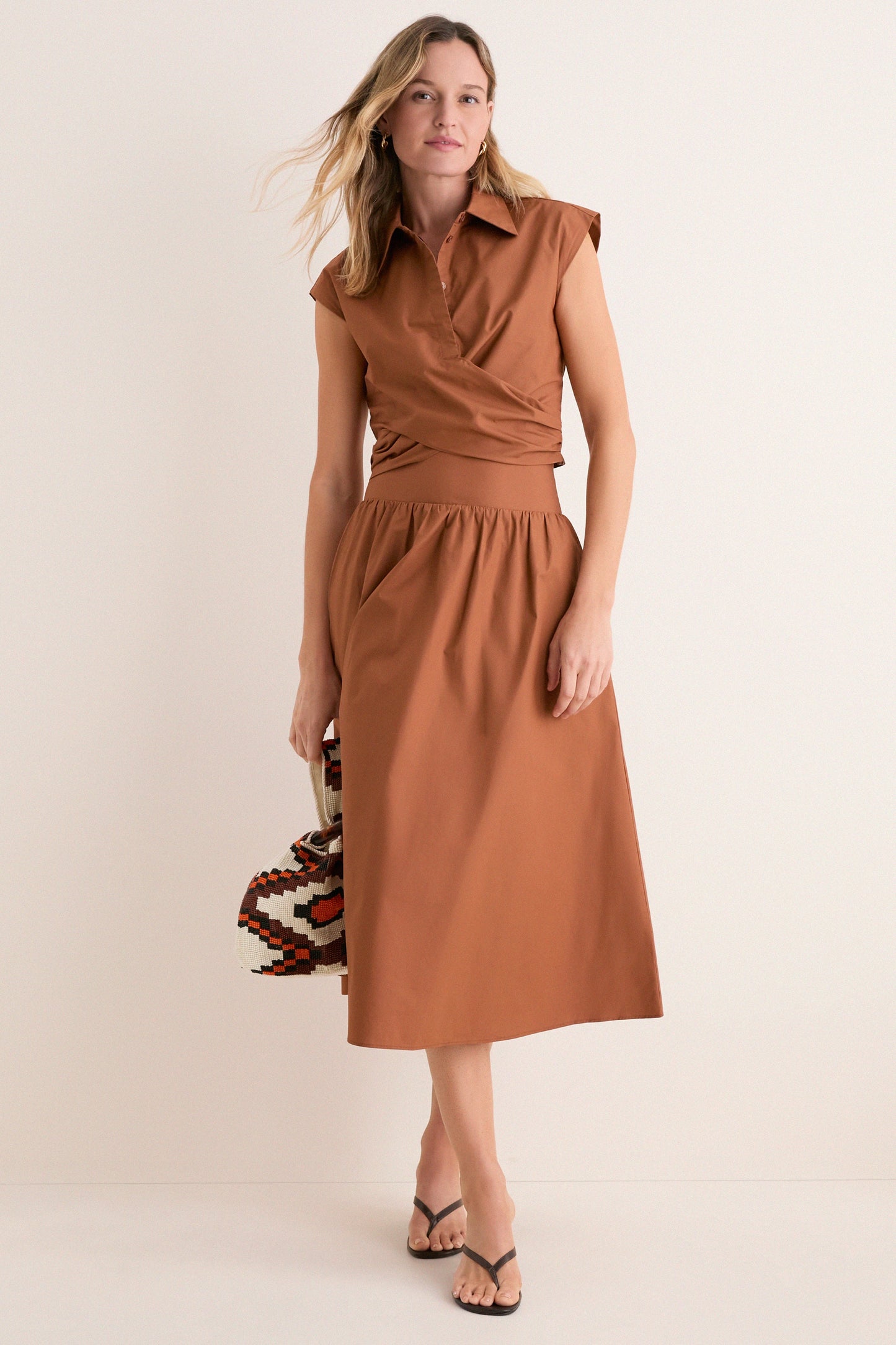 Camel Eloise Wrap Front Extended Shoulder Poplin Top