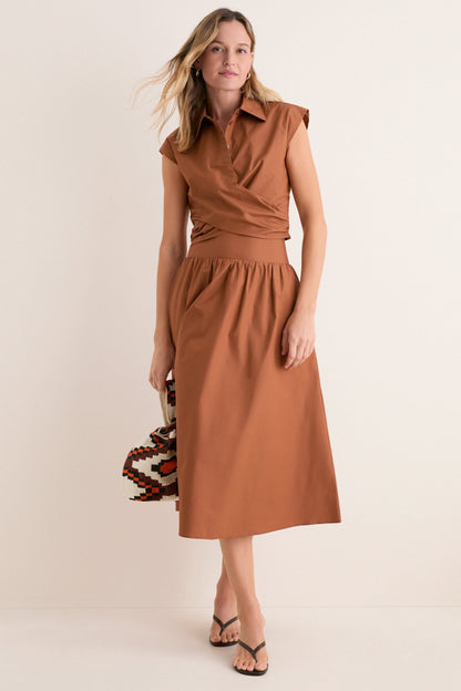 Camel Eloise Wrap Front Extended Shoulder Poplin Top