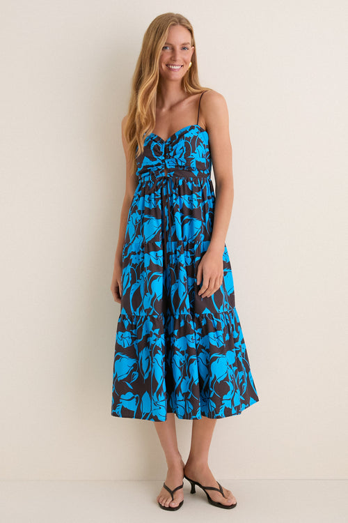 Chocolate & Blue Floral Corinne Cut-Out Midi Dress