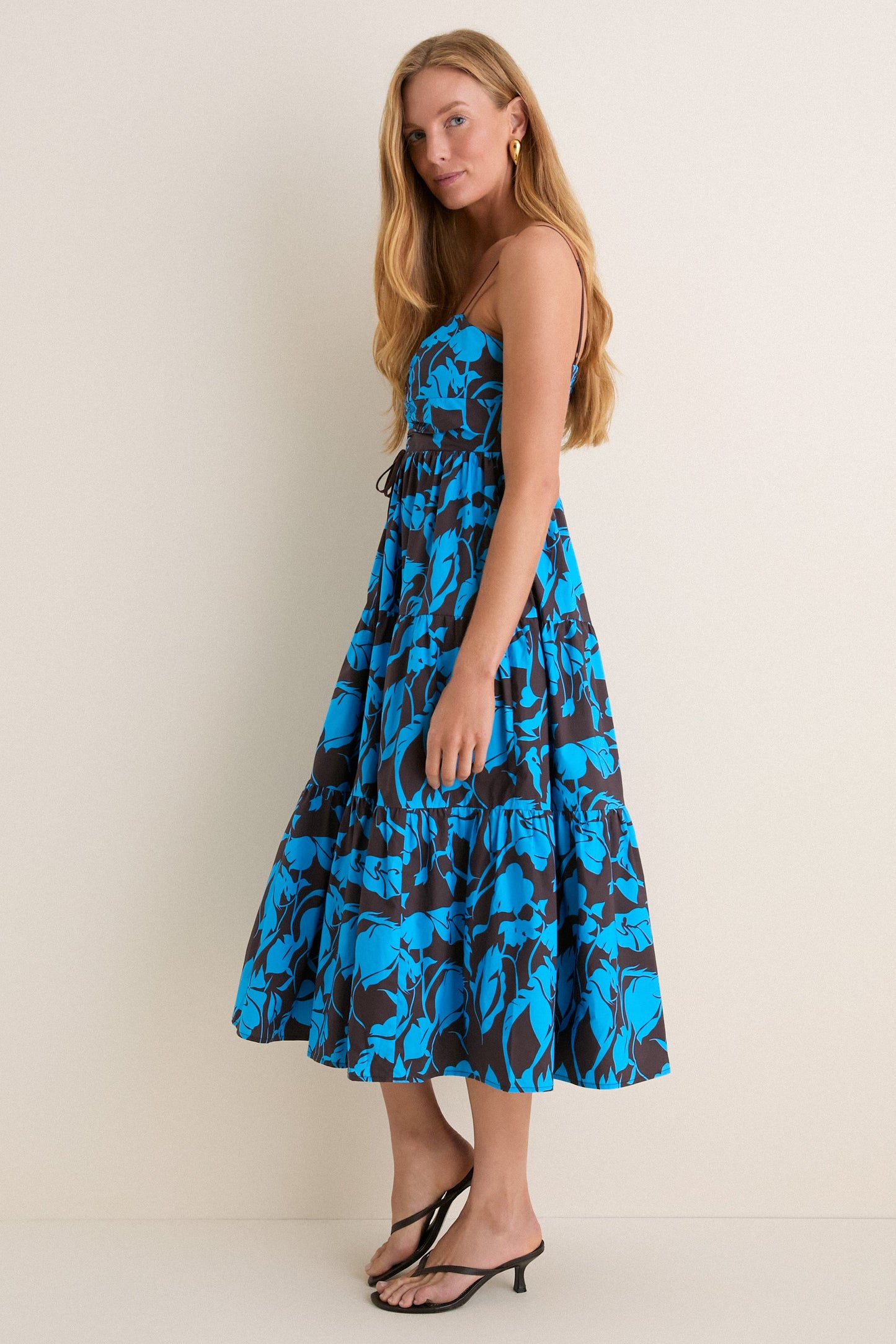 Chocolate & Blue Floral Corinne Cut-Out Midi Dress