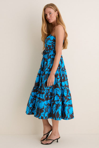 Chocolate & Blue Floral Corinne Cut-Out Midi Dress