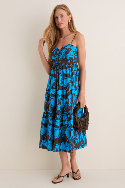 Chocolate & Blue Floral Corinne Cut-Out Midi Dress