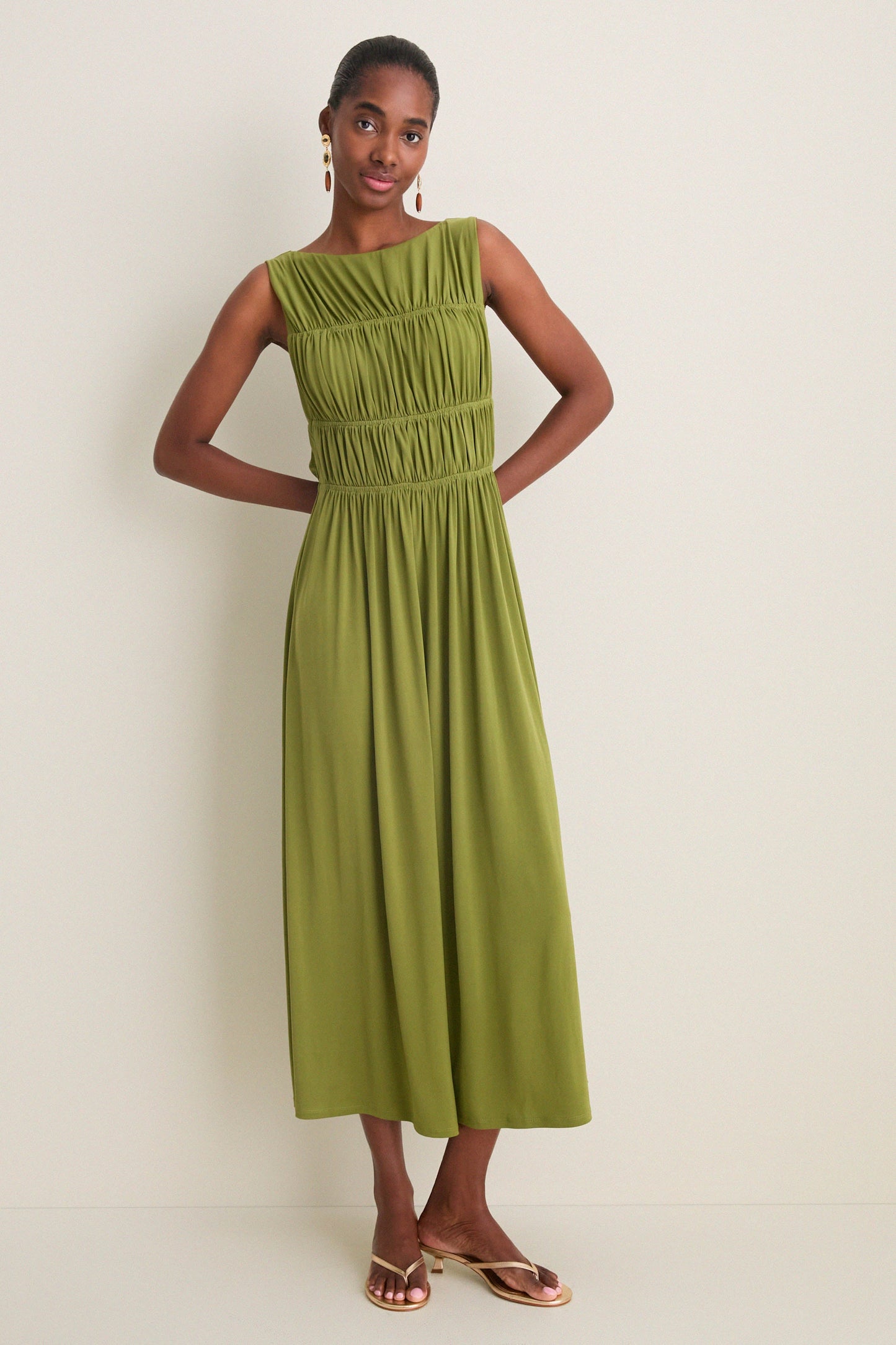 Cedar Green Crepe Jersey Smocked Aurelia Dress